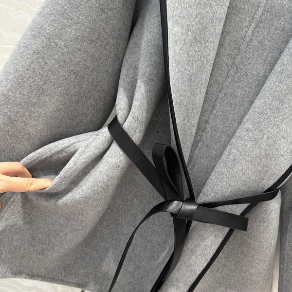 BV Hooded Leather Belt Coat in Gray Cashmere