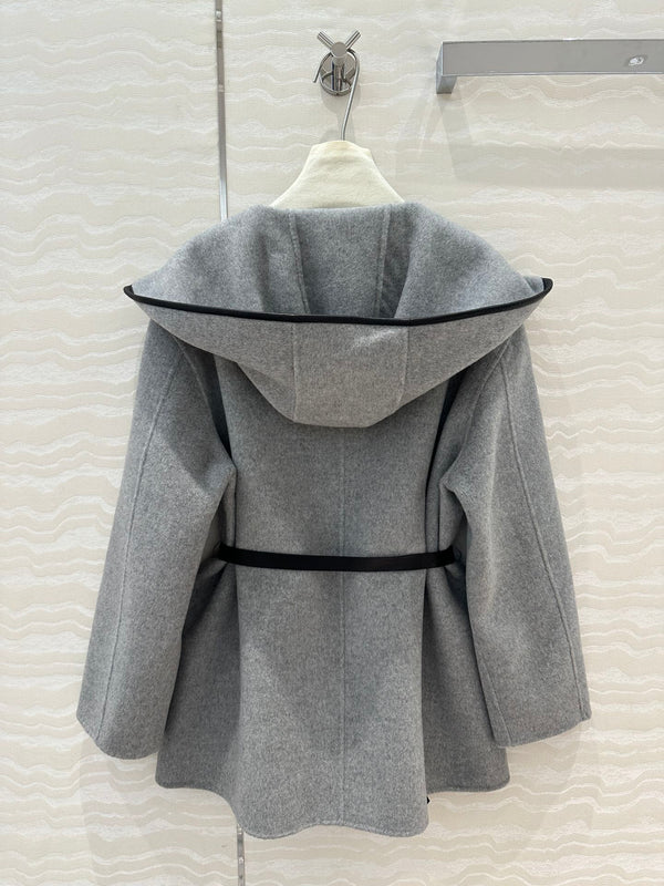 BV Hooded Leather Belt Coat in Gray Cashmere