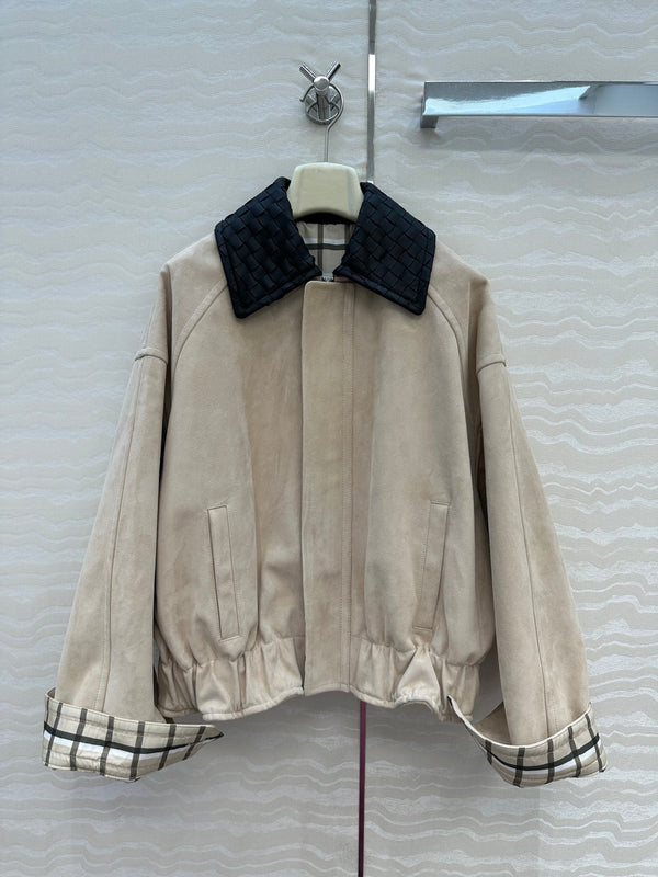 BV Black Neck Zipped Jacket in Beige Lambskin Suede