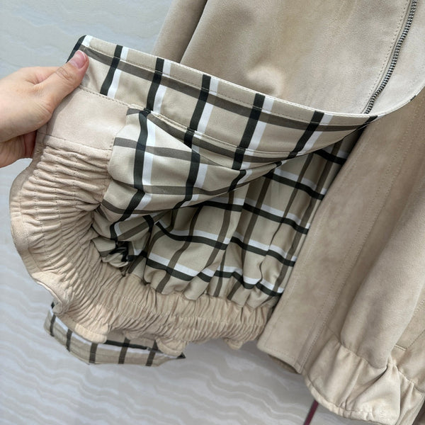 BV Black Neck Zipped Jacket in Beige Lambskin Suede