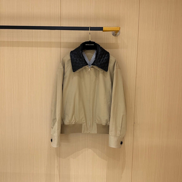 BV Leather Neck Zipped Jacket in Beige Fabric