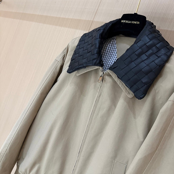 BV Leather Neck Zipped Jacket in Beige Fabric