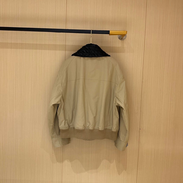 BV Leather Neck Zipped Jacket in Beige Fabric