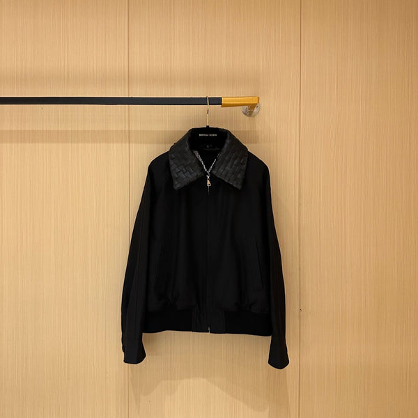 BV Leather Neck Zipped Jacket in Black Fabric