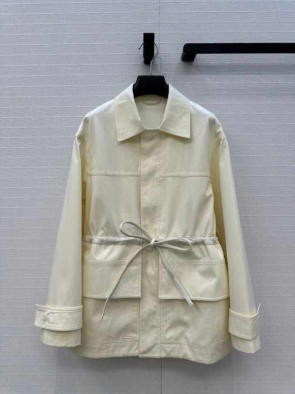 BV Shirt Jacket Leather Bound Belt in Cream Cotton