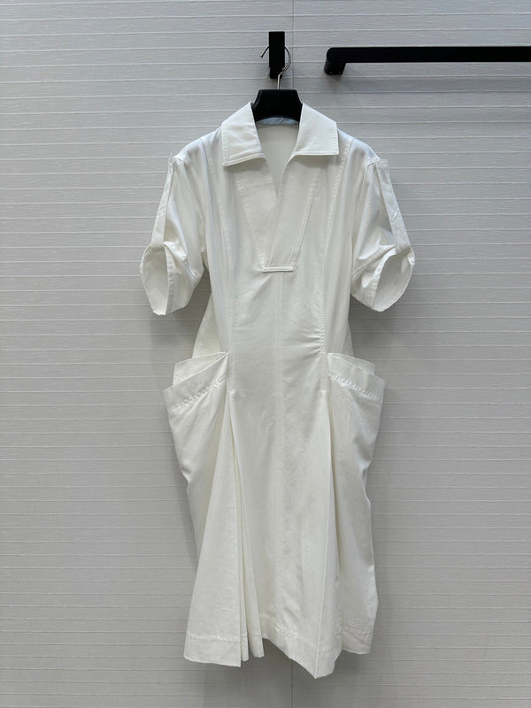 BV V-neck  Rolled-Up Sleeve Dress in White Tencel