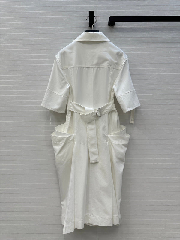 BV V-neck  Rolled-Up Sleeve Dress in White Tencel