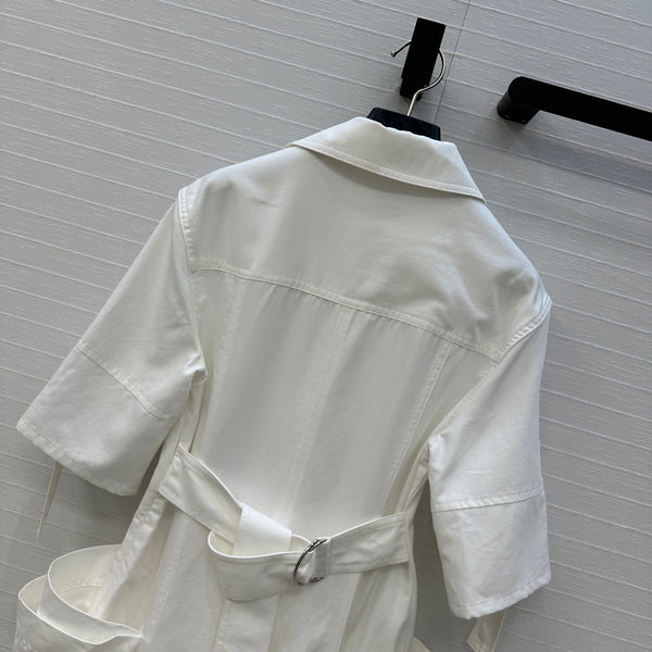 BV V-neck  Rolled-Up Sleeve Dress in White Tencel