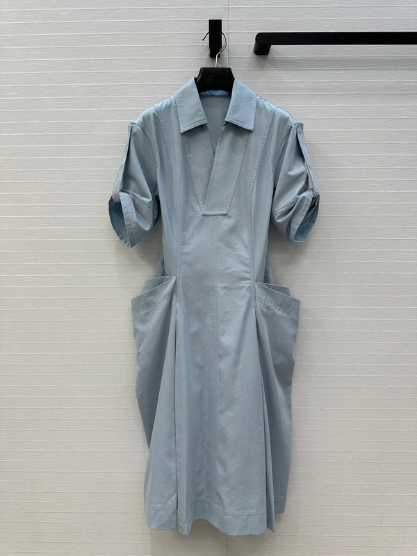 BV V-neck  Rolled-Up Sleeve Dress in Light Blue Tencel