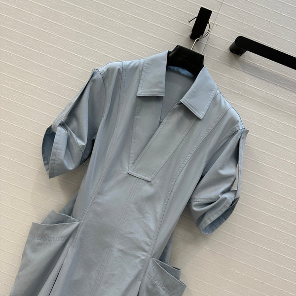 BV V-neck  Rolled-Up Sleeve Dress in Light Blue Tencel