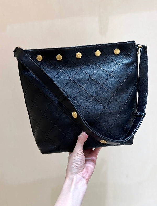 CC 25P Rivet Bucket Bag Gold Hardware in Black Polished Lambskin