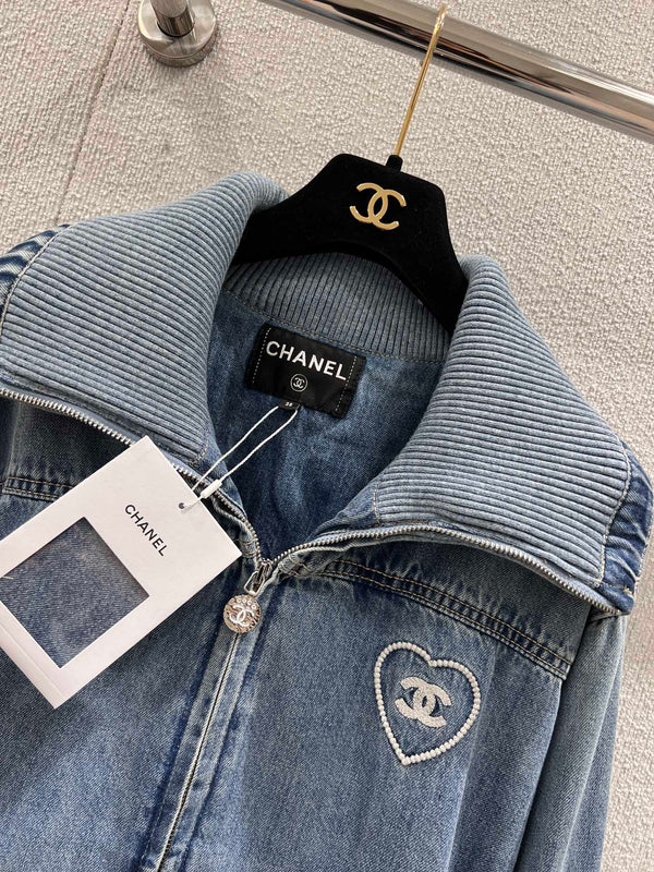 CC 25M Embroidered Lapel Denim Jacket Blue Cotton