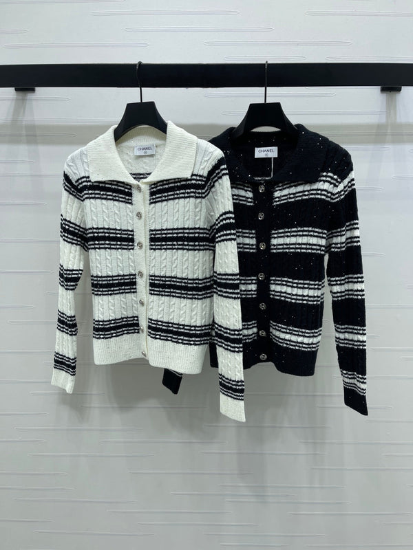 CC 25 Striped Knit Cardigan White Wool