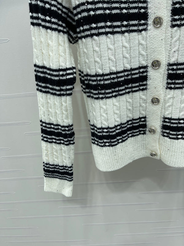 CC 25 Striped Knit Cardigan White Wool