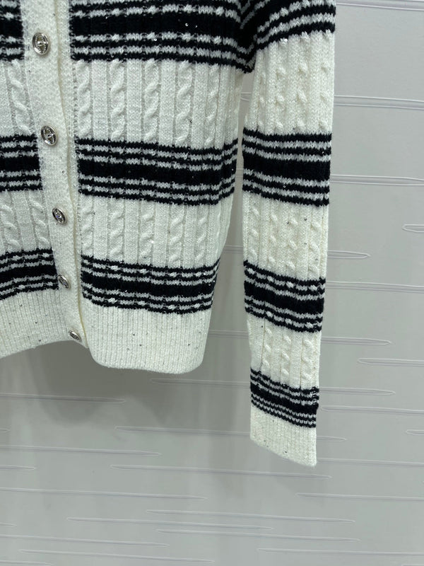 CC 25 Striped Knit Cardigan White Wool