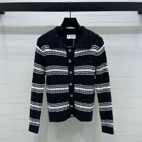 CC 25 Striped Knit Cardigan Black Wool