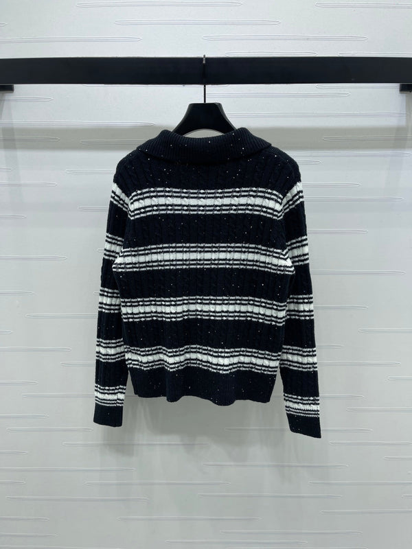 CC 25 Striped Knit Cardigan Black Wool
