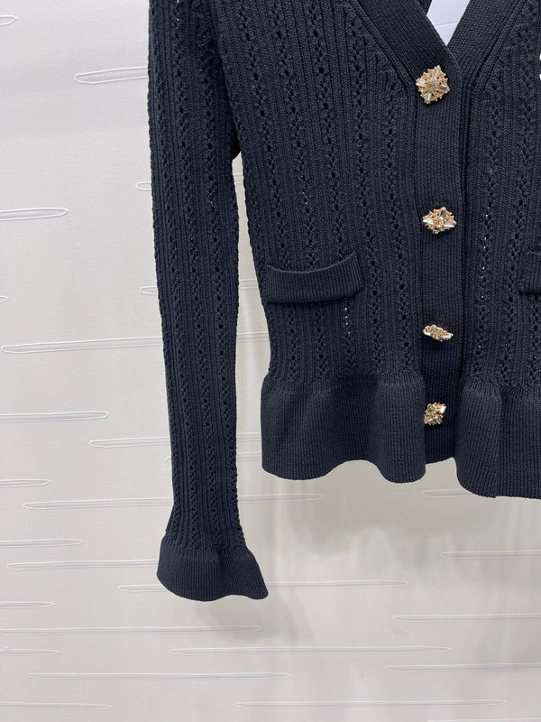 CC 25 Fishtail V-Neck Knitted Long-sleeved Cardigan Black Wool