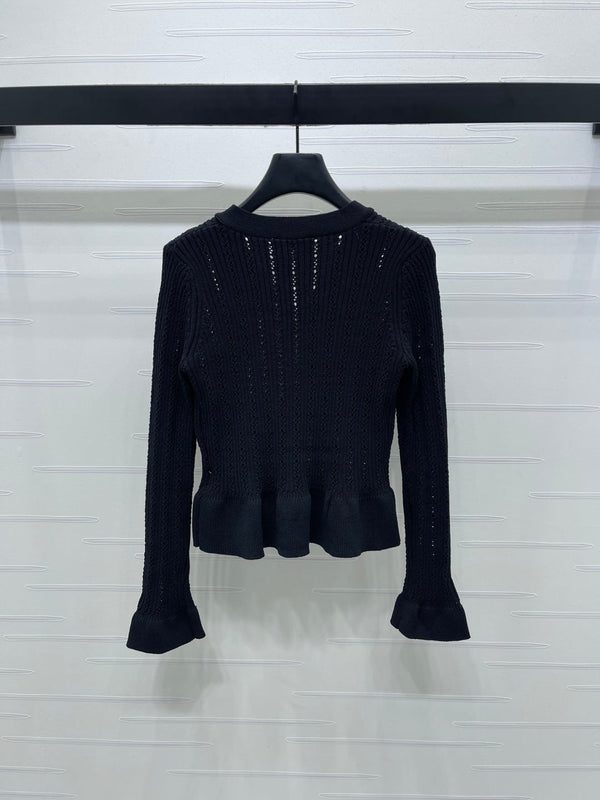 CC 25 Fishtail V-Neck Knitted Long-sleeved Cardigan Black Wool