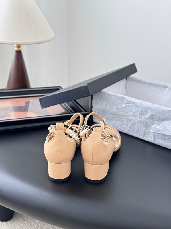 CC 25B Mary Janes 55mm High Heel Pearl Strap Beige Sheepskin