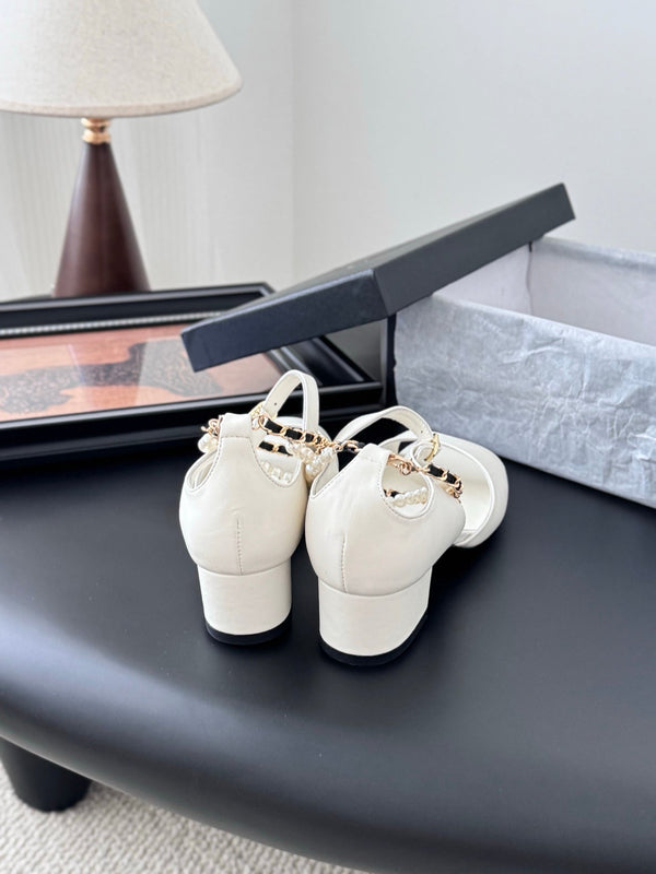 CC 25B Mary Janes 55mm High Heel Pearl Strap White Sheepskin