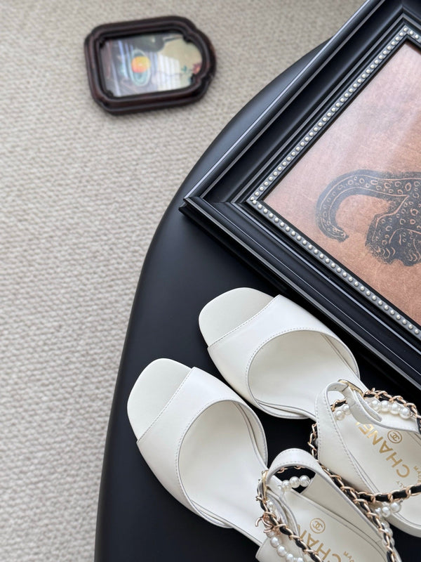 CC 25B Mary Janes 55mm High Heel Pearl Strap White Sheepskin