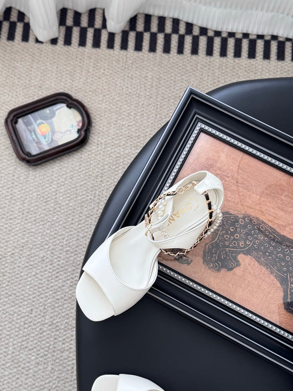 CC 25B Mary Janes 55mm High Heel Pearl Strap White Sheepskin