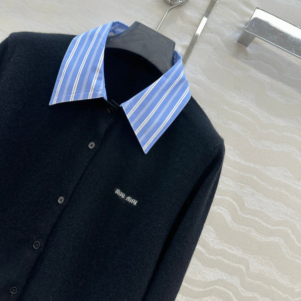 Miumiu Detachable Shirt Cardigan Black Mix Blue Collar and Cashmere