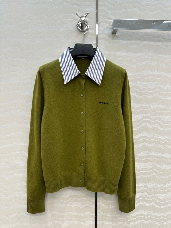 Miumiu Detachable Shirt Cardigan Olive Green Collar and Cashmere
