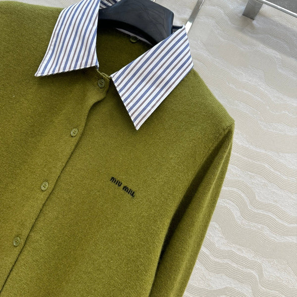 Miumiu Detachable Shirt Cardigan Olive Green Collar and Cashmere