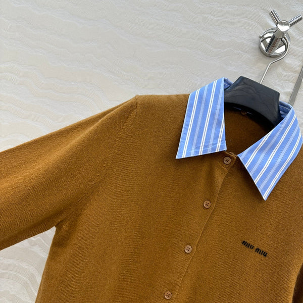 Miumiu Detachable Shirt Cardigan Brown Collar and Cashmere