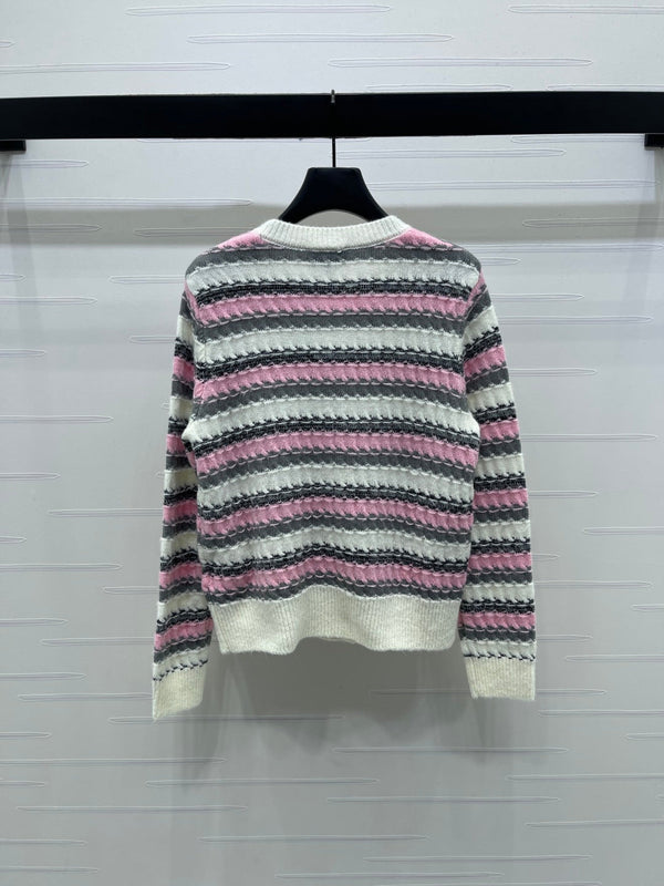 CC 25 Striped Knitted Long-Sleeved Pocket Cardigan White Tencel