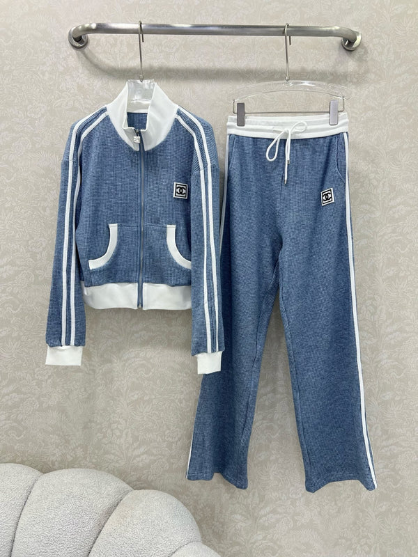 CC 25 Collar Jacket and Casual Trousers Waffle Suit Blue Rayon