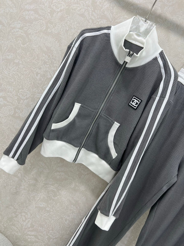 CC 25 Collar Jacket and Casual Trousers Waffle Suit Gray Rayon