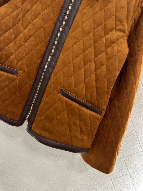 CE Contrast Color Padded Suede Jacket Dark Brown Polyester