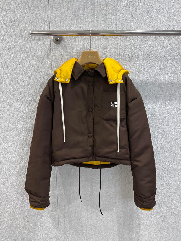 Miumiu 25FW Detachable Hooded Lapel Jacket Dark Brown Down Polyester