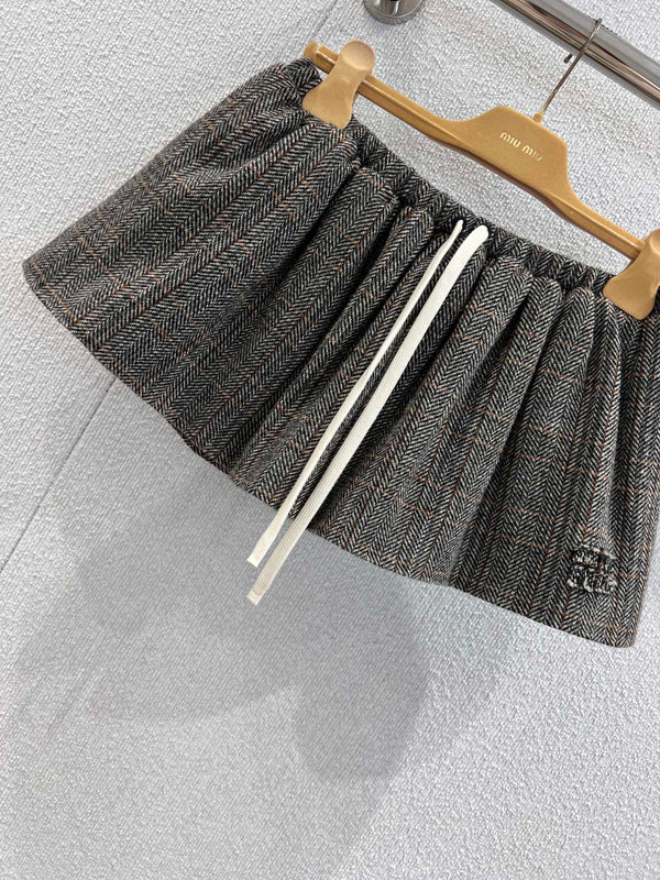 Miumiu 25FW Drawstring Mini A-Line Flared Skirt Brown Viscose