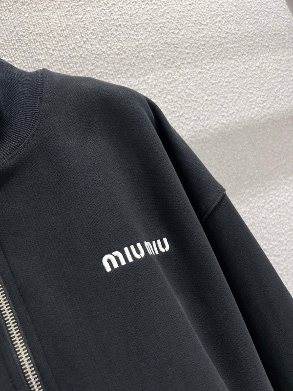 Miumiu 25FW Micro-logo Embroidered Half-zip Sweatshirt Black Cotton