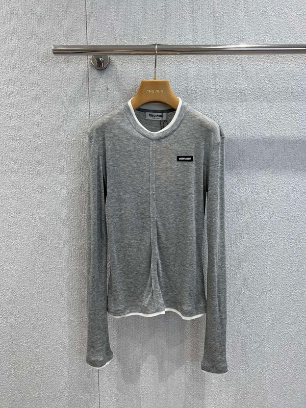 Miumiu 25FW Tencel Wool Fake Two-Piece Long-Sleeved T-Shirt Gray Wool