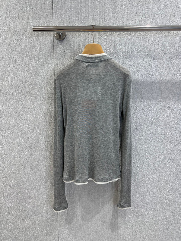 Miumiu 25FW Tencel Wool Fake Two-Piece Long-Sleeved T-Shirt Gray Wool