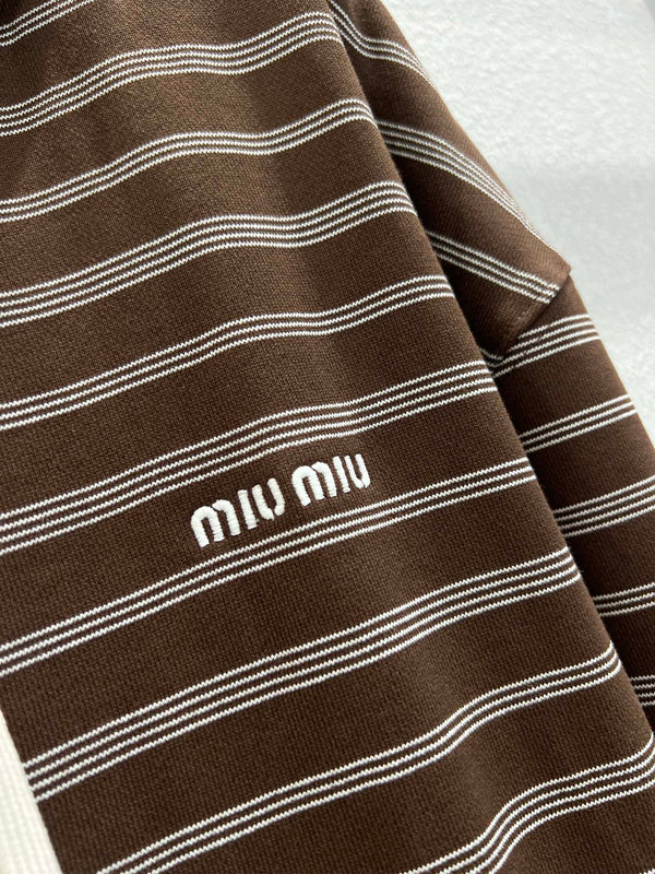 Miumiu 25FW Felpa con cappuccio e cerniera a righe in cotone marrone