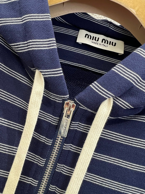 Miumiu 25FW Felpa con cappuccio e cerniera a righe in cotone blu