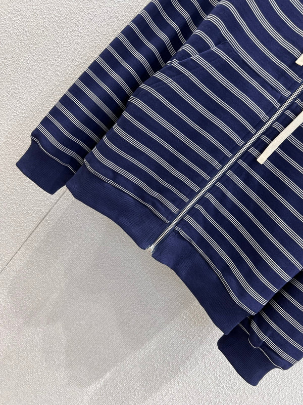 Miumiu 25FW Felpa con cappuccio e cerniera a righe in cotone blu