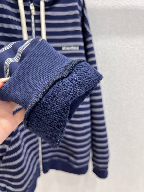 Miumiu 25FW Felpa con cappuccio e cerniera a righe in cotone blu