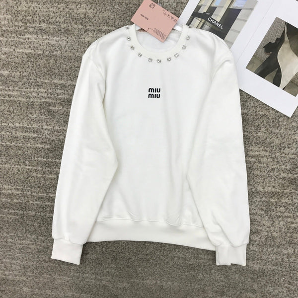 Miumiu 25 Crewneck Sweatshirt with 3D Rhinestone Logo Cotton