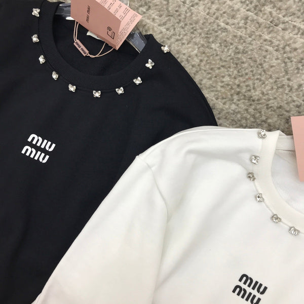 Miumiu 25 Crewneck Sweatshirt with 3D Rhinestone Logo Cotton
