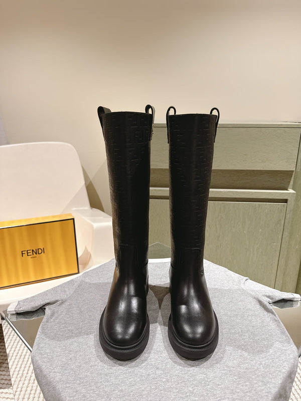 Fendi Long Boots F Embossed Pattern Black Cowhide 463747