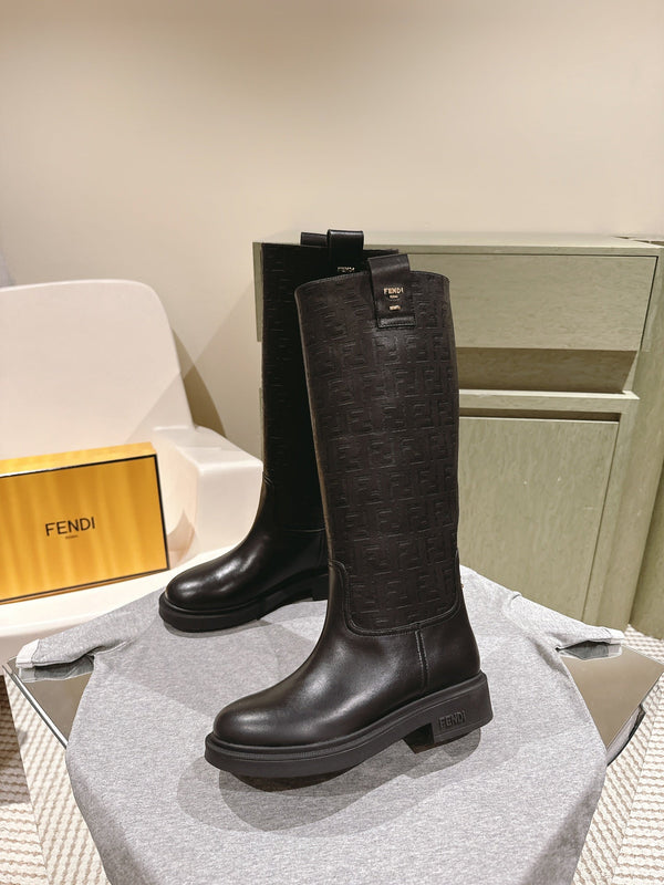Fendi Long Boots F Embossed Pattern Black Cowhide 463747