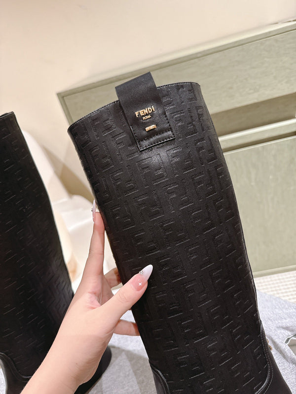 Fendi Long Boots F Embossed Pattern Black Cowhide 463747