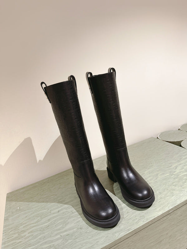 Fendi Long Boots F Embossed Pattern Black Cowhide 463747